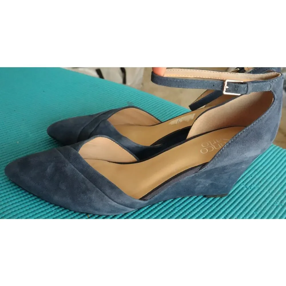 Franco Sarto Fay Blue Suede Wedge Heel Pump Ankle Strap Pointed Toe